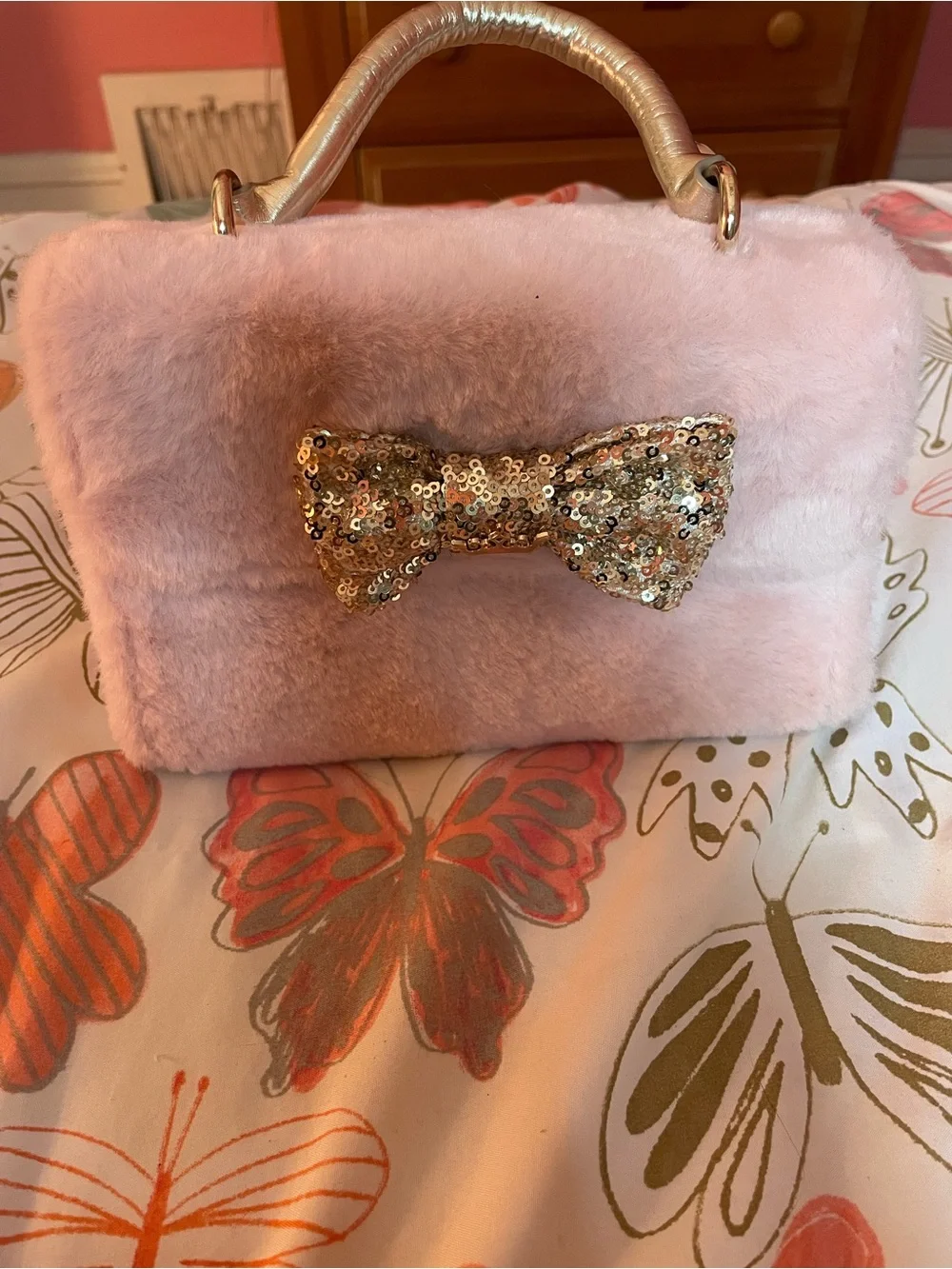 Disney Pink Faux Fur Top-Handle Bag with Gold Sequin Bow